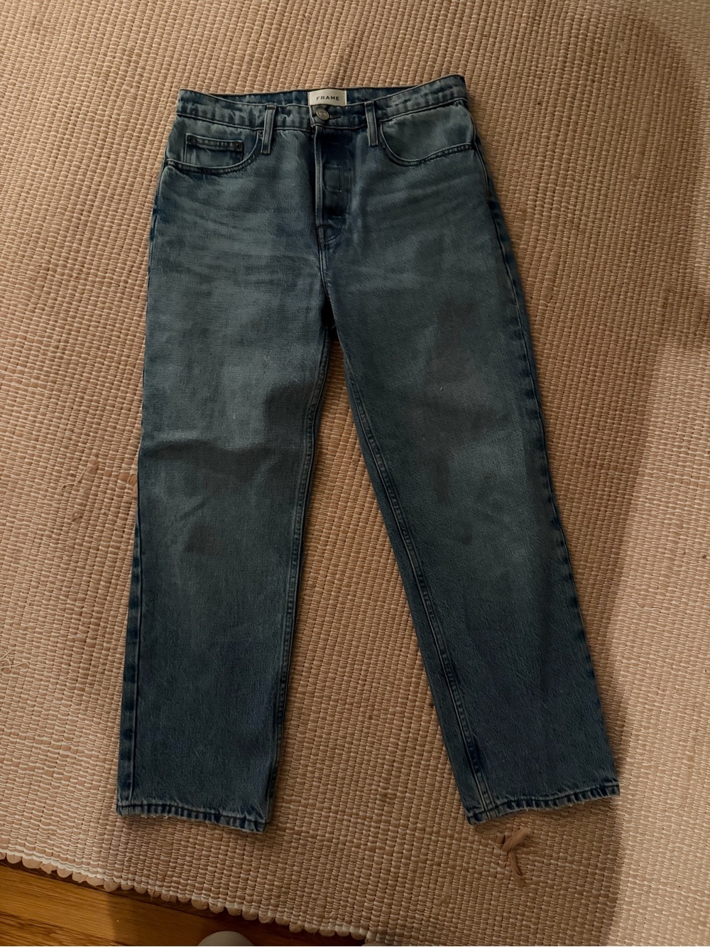 Frame Denim Straight Jeans in Washed Blue-Black